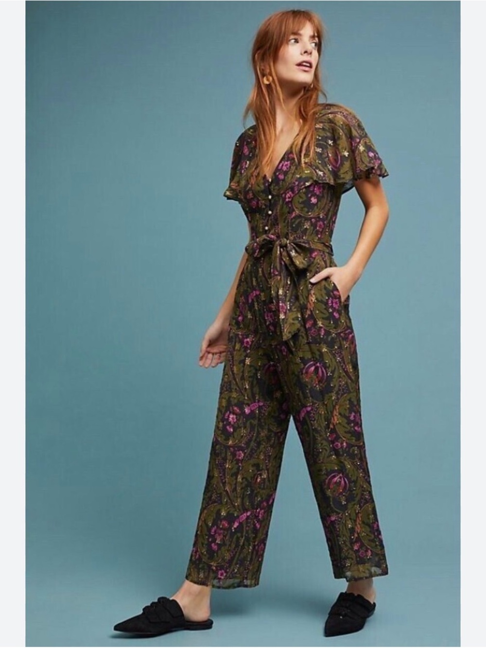 Anthropologie Olive Brenda Green Floral Jumpsuit with Pink Accents Sz 2 - Picture 3 of 11